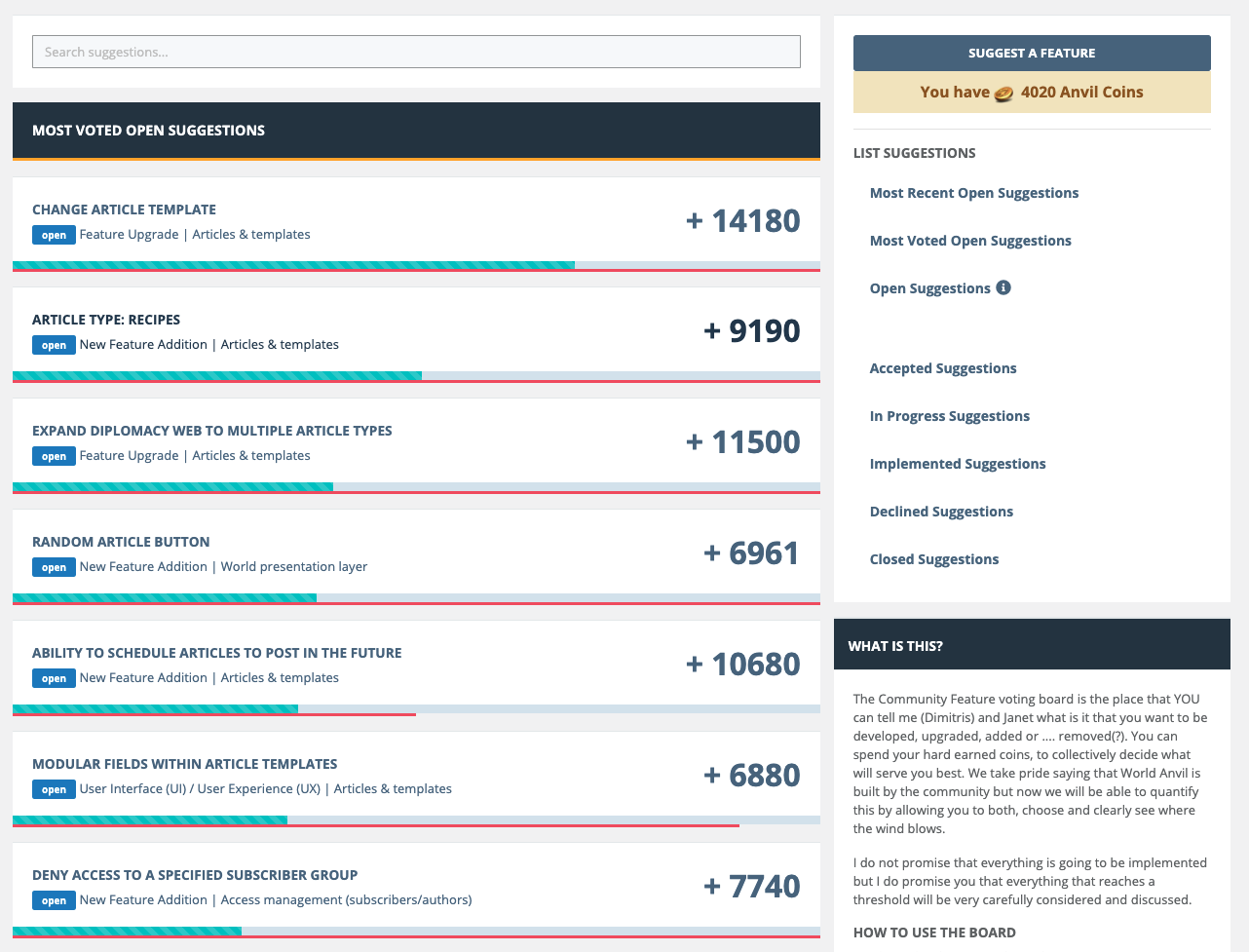  An image of the features page, where our online writing community can vote on which worldbuilding and writing features they’d like to see next on World Anvil.